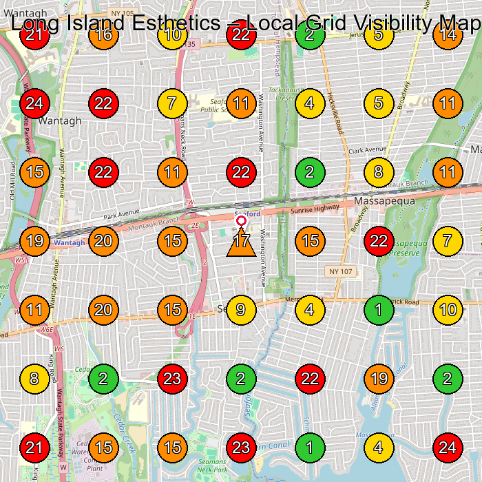 Long Island Esthetics Hair Removal Service GeoGrid ranking map for Massapequa NY