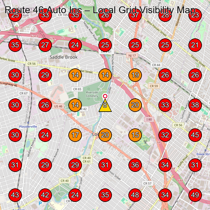Route 46 Auto Inc GeoGrid visibility map for Used Car Dealer in Lodi