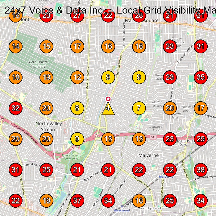 24x7 Voice & Data Inc. GeoGrid visibility map for Electrician in Elmont