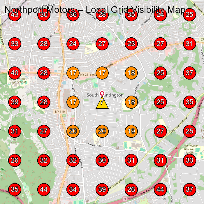 Northport Motors GeoGrid visibility map for Used Car Dealer in Huntington Station