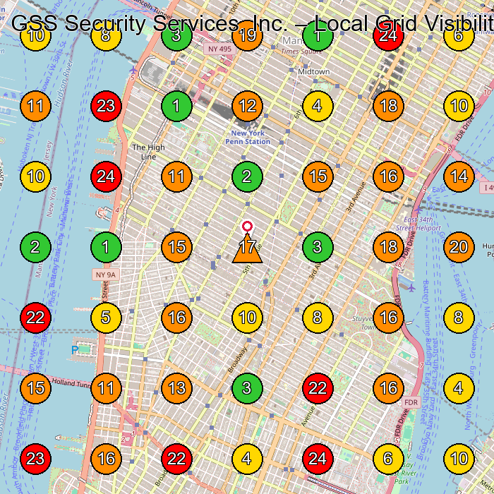 GSS Security Services, Inc. Security Guard Service GeoGrid ranking map for New York NY