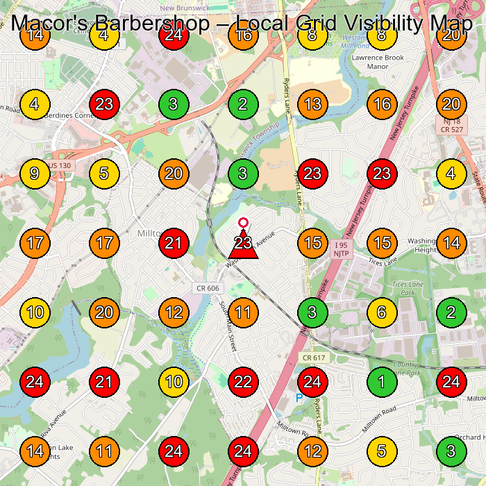Macor's Barbershop Barber Shop GeoGrid ranking map for Milltown NJ