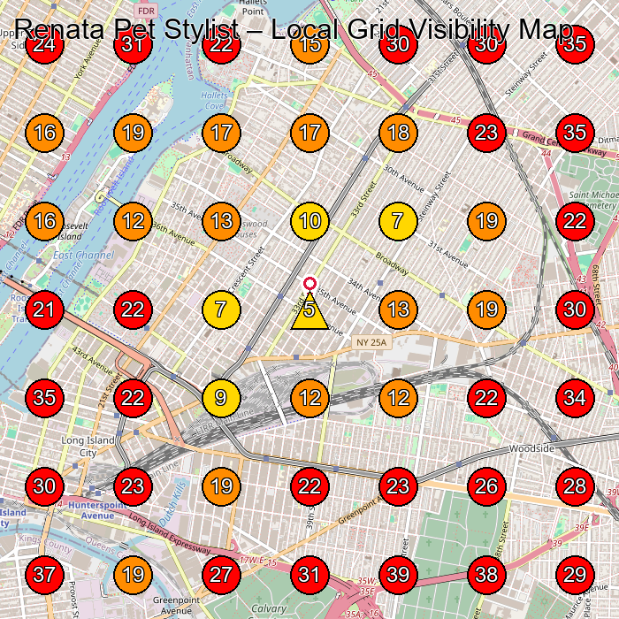 Renata Pet Stylist GeoGrid visibility map for Publisher in Queens