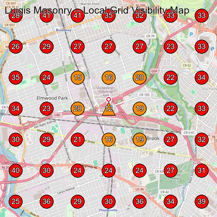 Luigis Masonry GeoGrid visibility map for Masonry Contractor in Elmwood Park