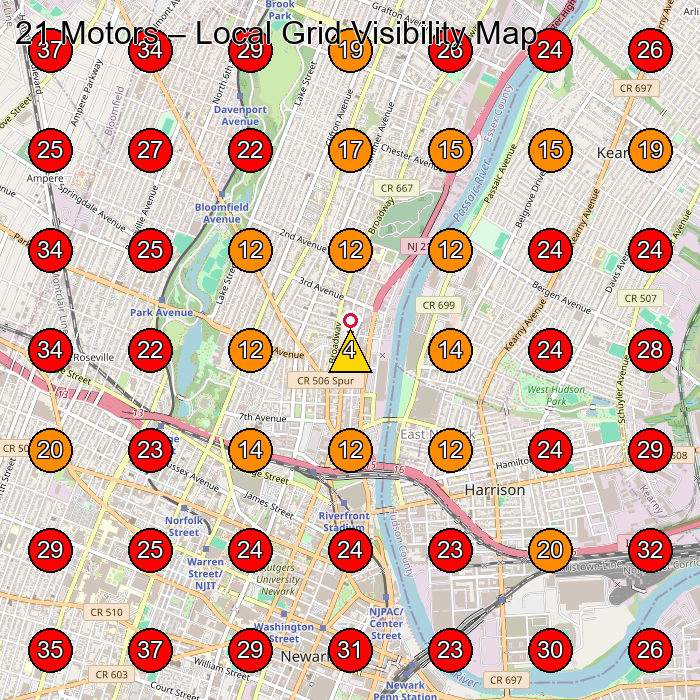 21 Motors GeoGrid visibility map for Used Car Dealer in Newark