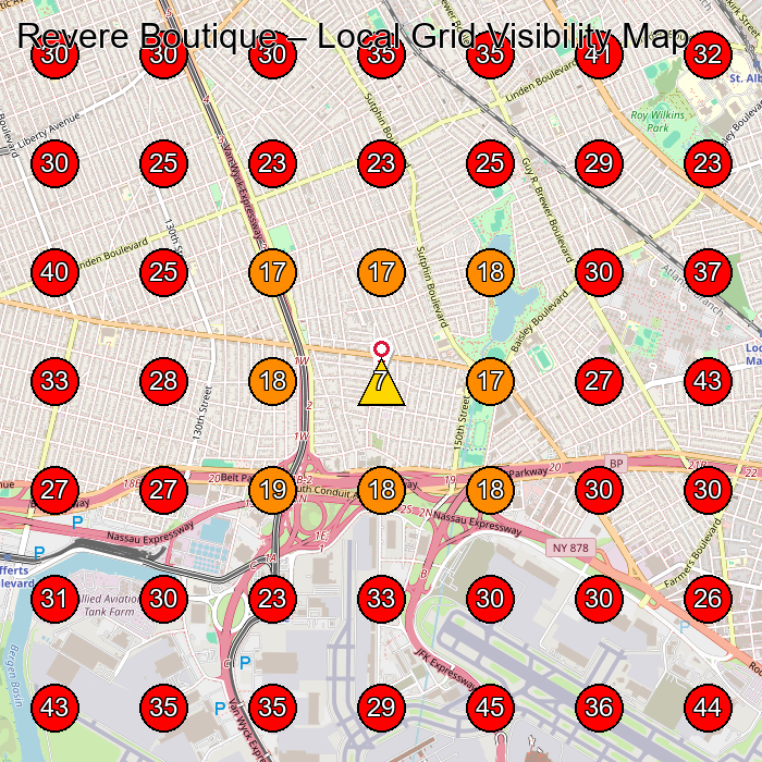 Revere Boutique GeoGrid visibility map for Women'S Clothing Store in St. Albans