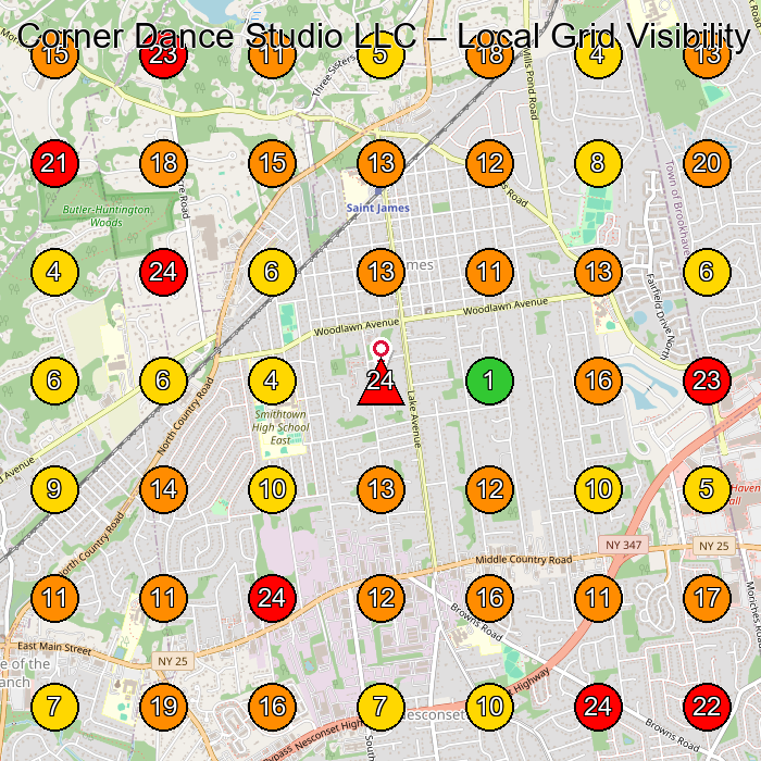 Corner Dance Studio LLC Dance School GeoGrid ranking map for St James NY