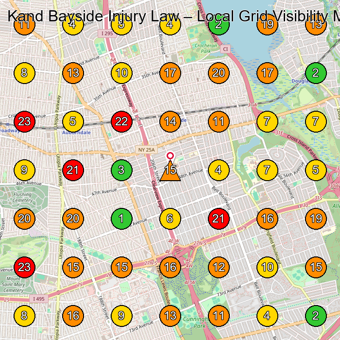 Kand Bayside Injury Law Personal Injury Attorney GeoGrid ranking map for Bayside NY