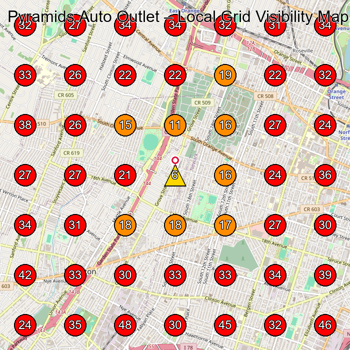 Pyramids Auto Outlet GeoGrid visibility map for Used Car Dealer in East Orange