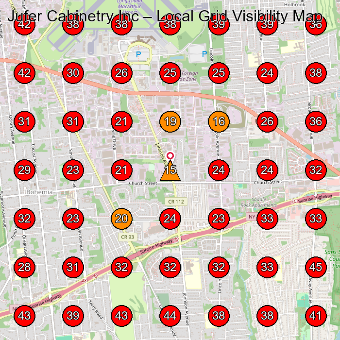 Jufer Cabinetry Inc GeoGrid visibility map for Cabinet Maker in Bohemia