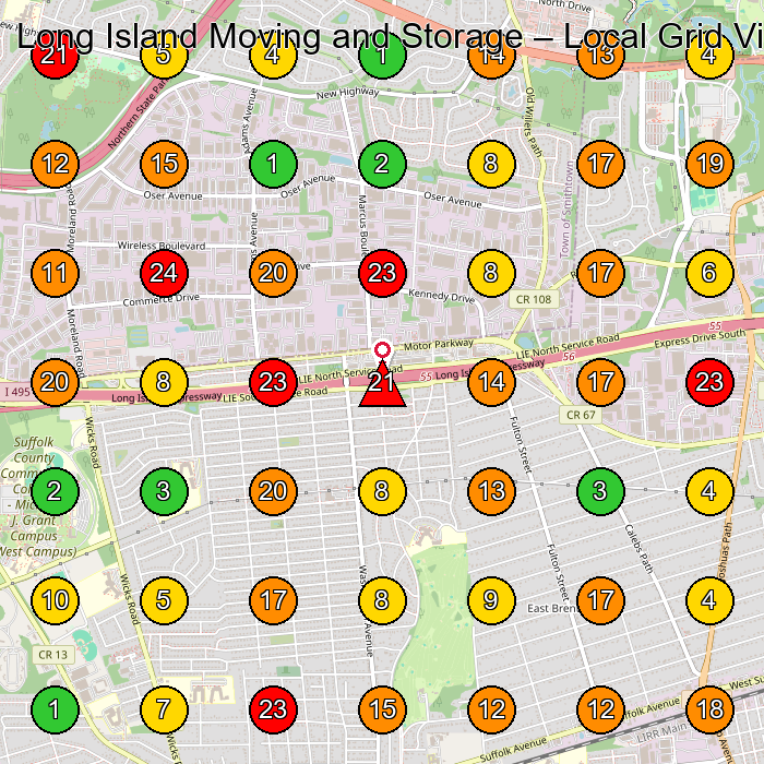 Long Island Moving and Storage Moving And Storage Service GeoGrid ranking map for Hauppauge NY
