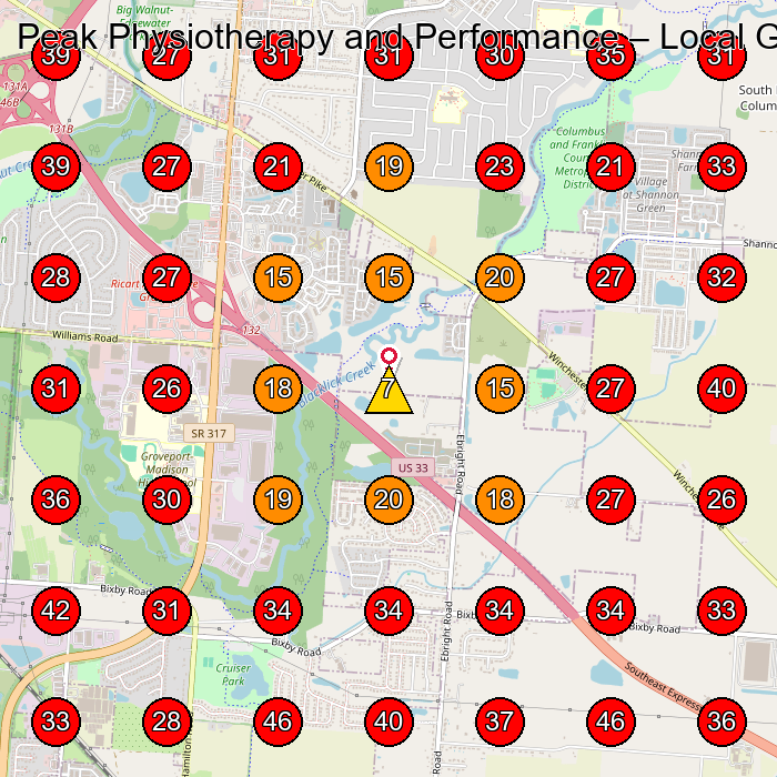 Peak Physiotherapy and Performance GeoGrid visibility map for Physical Therapy Clinic in Canal Winchester