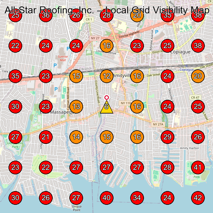 All-Star Roofing, Inc. GeoGrid visibility map for Roofing Contractor in Amityville