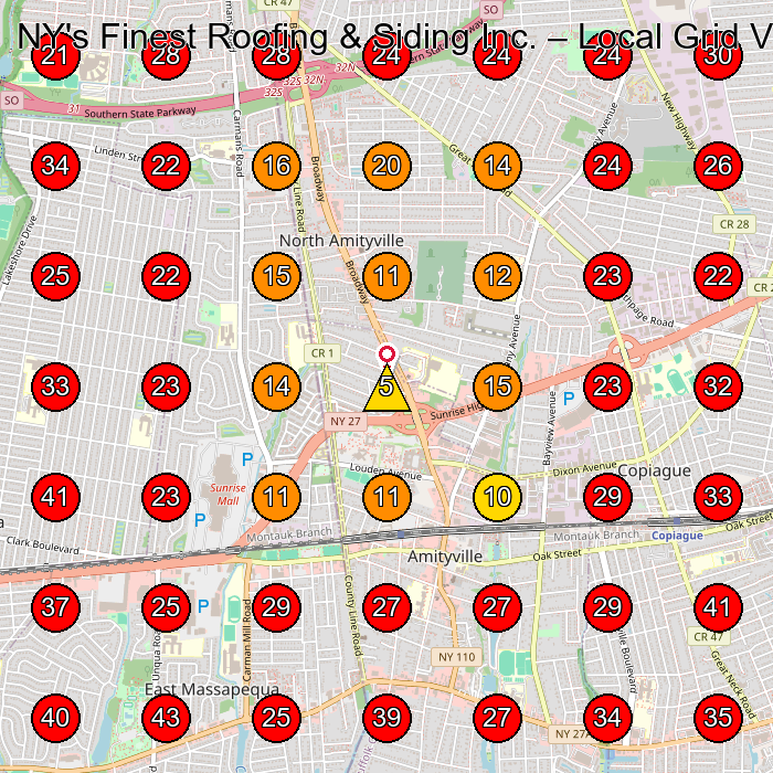 NY's Finest Roofing & Siding Inc. GeoGrid visibility map for Roofing Contractor in Amityville