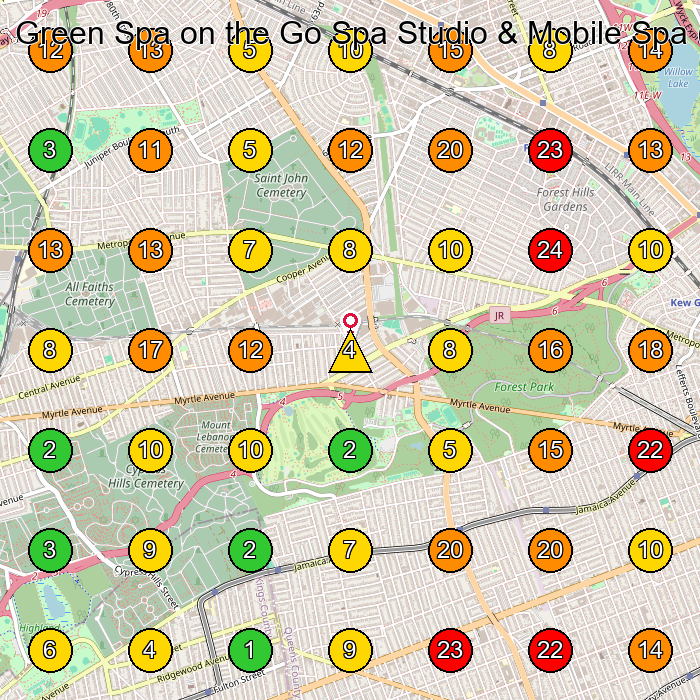 Green Spa on the Go Spa Studio & Mobile Spa (appointment only) Spa GeoGrid ranking map for Forest Hills NY