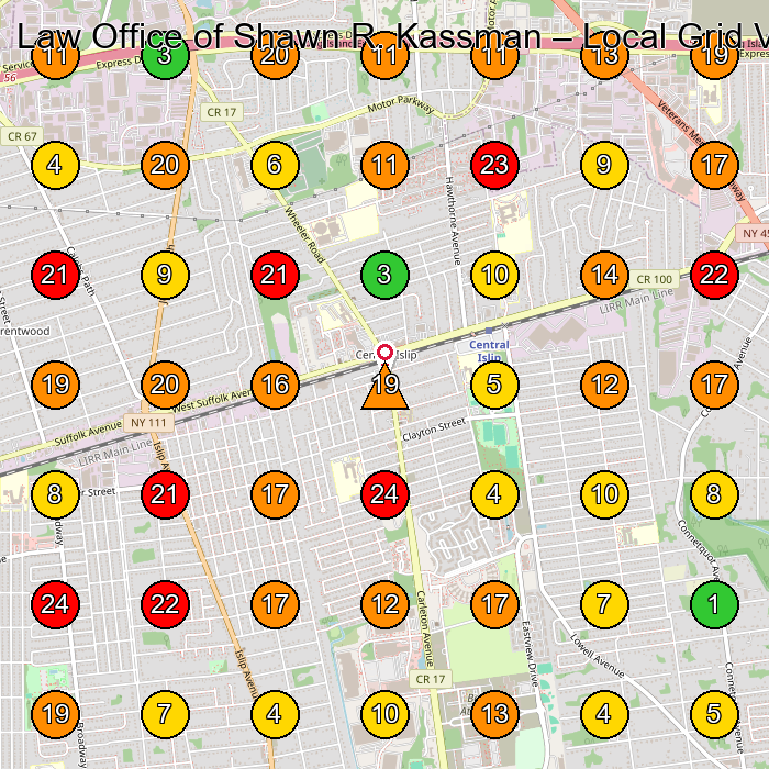 Law Office of Shawn R. Kassman Lawyer GeoGrid ranking map for Central Islip NY