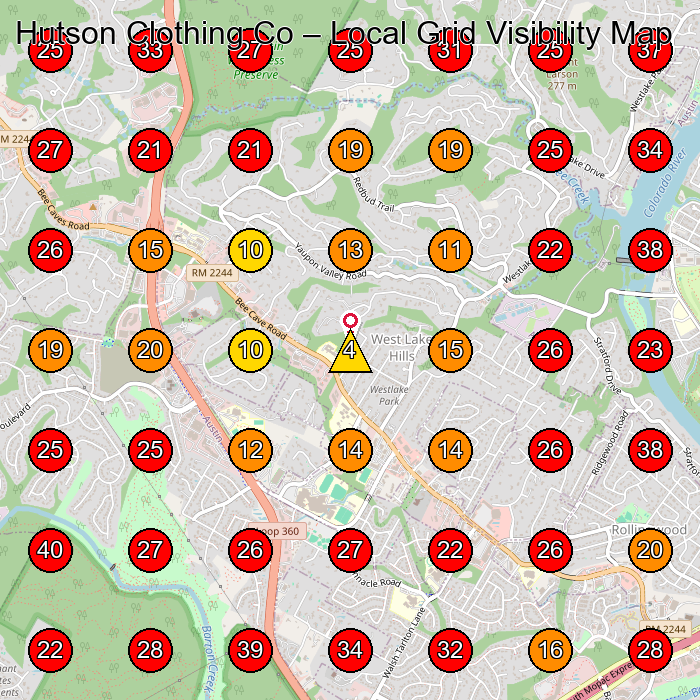 Hutson Clothing Co GeoGrid visibility map for Lawn Care Service in Austin