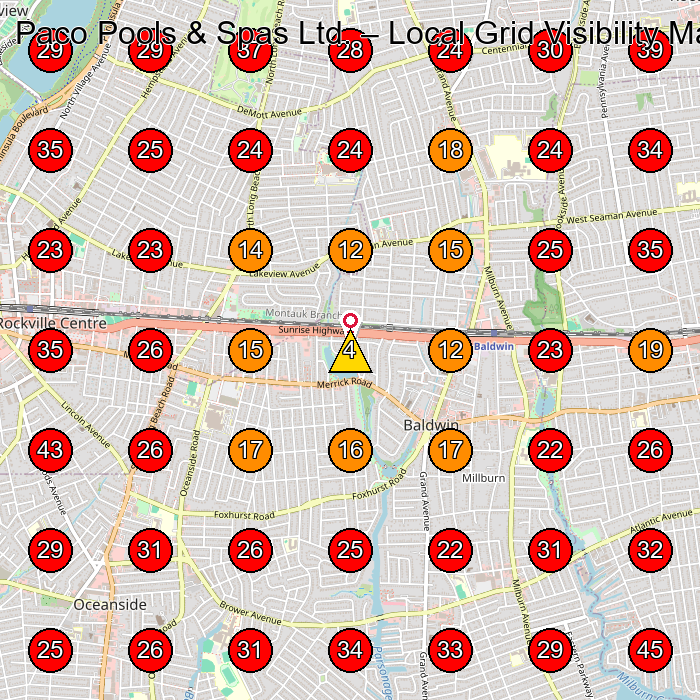 Paco Pools & Spas Ltd. GeoGrid visibility map for Swimming Pool Contractor in Island Park