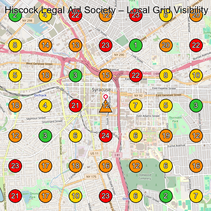 Hiscock Legal Aid Society Legal Aid Office GeoGrid ranking map for Syracuse NY