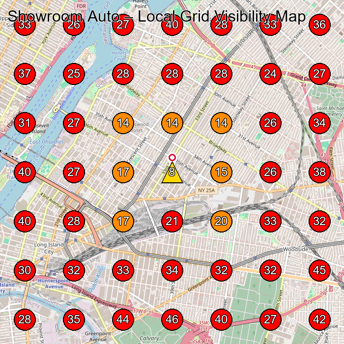 Showroom Auto GeoGrid visibility map for Car Dealer in Long Island City