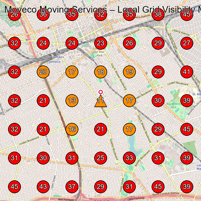 Moveco Moving Services GeoGrid visibility map for Shipping Company in Queens