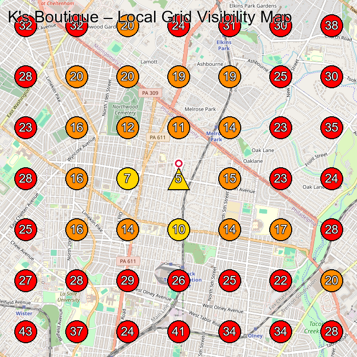 K's Boutique GeoGrid visibility map for Women'S Clothing Store in Philadelphia