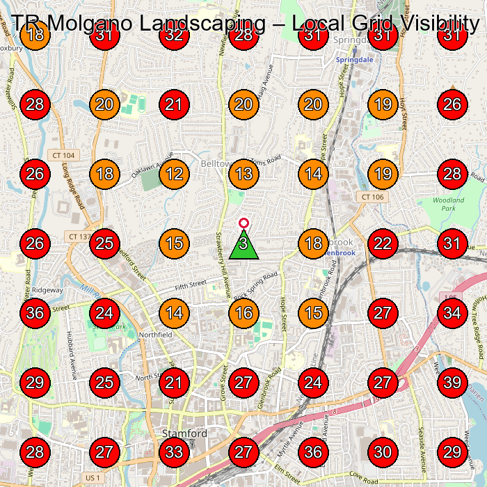 TR Molgano Landscaping GeoGrid visibility map for Lawn Sprinkler System Contractor in Stamford