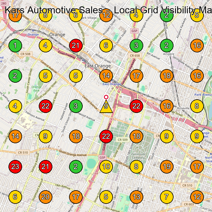 Kars Automotive Sales Used Car Dealer GeoGrid ranking map for East Orange NJ