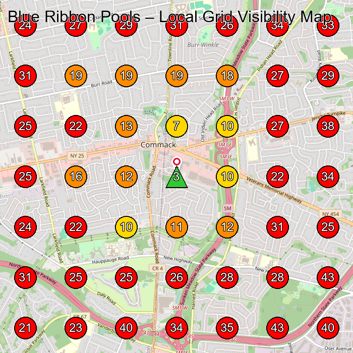 Blue Ribbon Pools GeoGrid visibility map for Swimming Pool Contractor in Bay Shore
