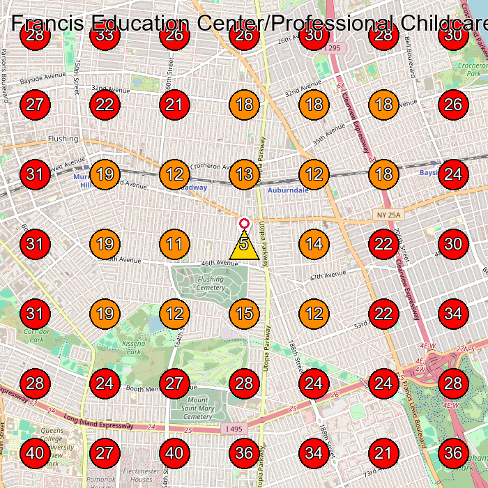 Francis Education Center/Professional Childcare Inc. GeoGrid visibility map for Day Care Center in Queens