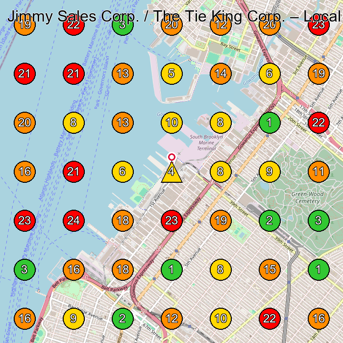 Jimmy Sales Corp. / The Tie King Corp. Clothing Supplier GeoGrid ranking map for Brooklyn NY