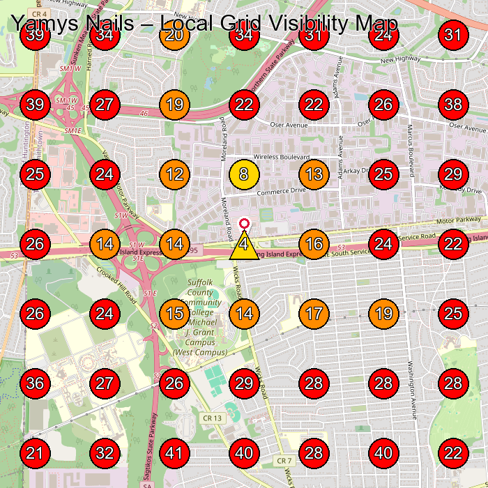 Yamys Nails GeoGrid visibility map for Nail Salon in Commack