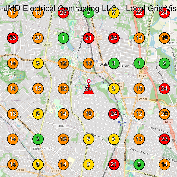 JMD Electrical Contracting LLC Electrician GeoGrid ranking map for Waldwick NJ