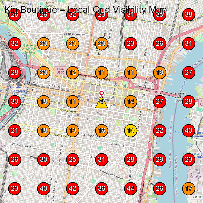 Kin Boutique GeoGrid visibility map for Women'S Clothing Store in Philadelphia