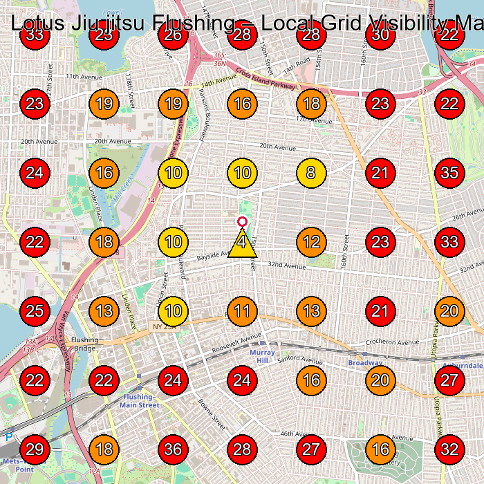 Lotus Jiu jitsu Flushing GeoGrid visibility map for Martial Arts School in Queens