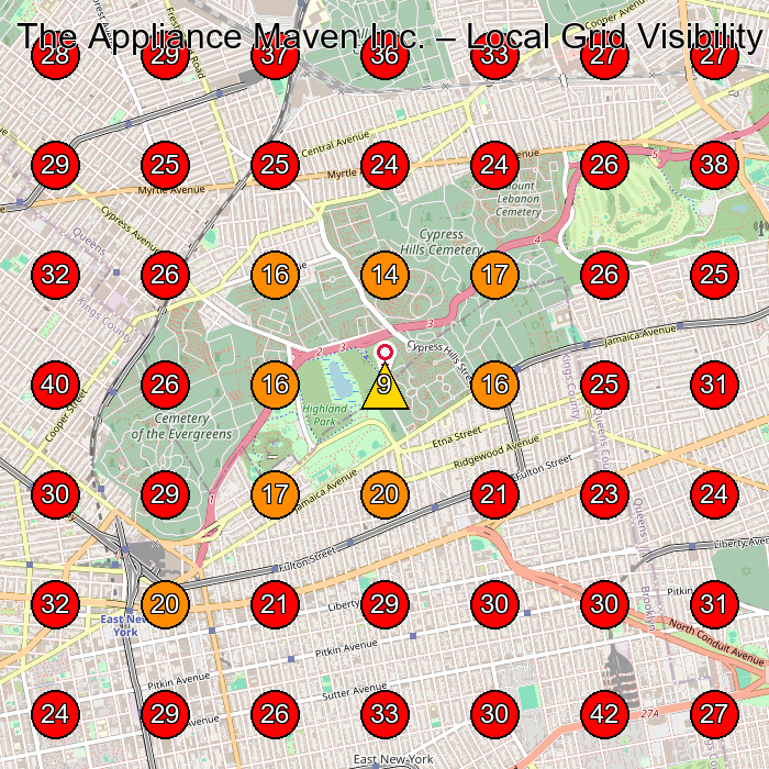 The Appliance Maven Inc. GeoGrid visibility map for Appliance Repair Service in Woodhaven