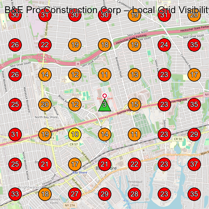B&E Pro Construction Corp GeoGrid visibility map for Roofing Contractor in Bayshore