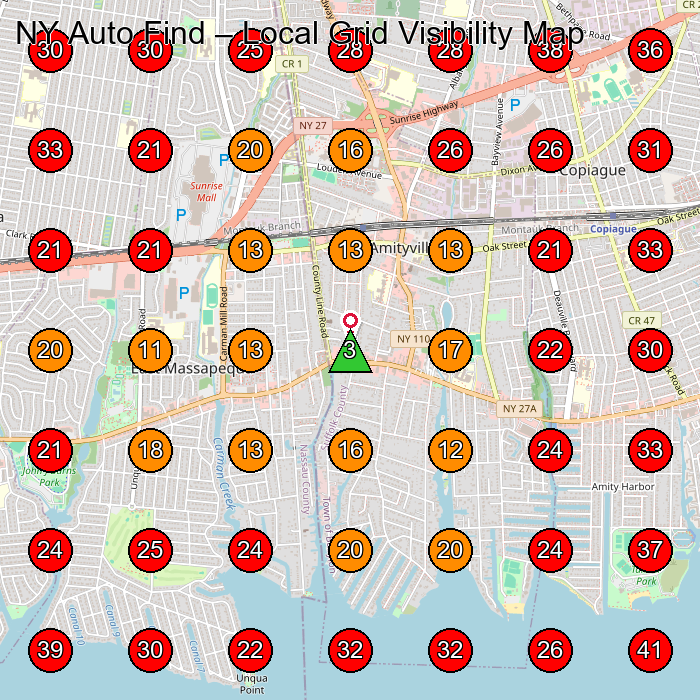 NY Auto Find GeoGrid visibility map for Used Car Dealer in Massapequa