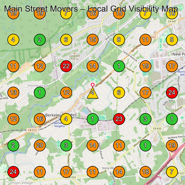 Main Street Movers Moving And Storage Service GeoGrid ranking map for Berkeley Heights NJ