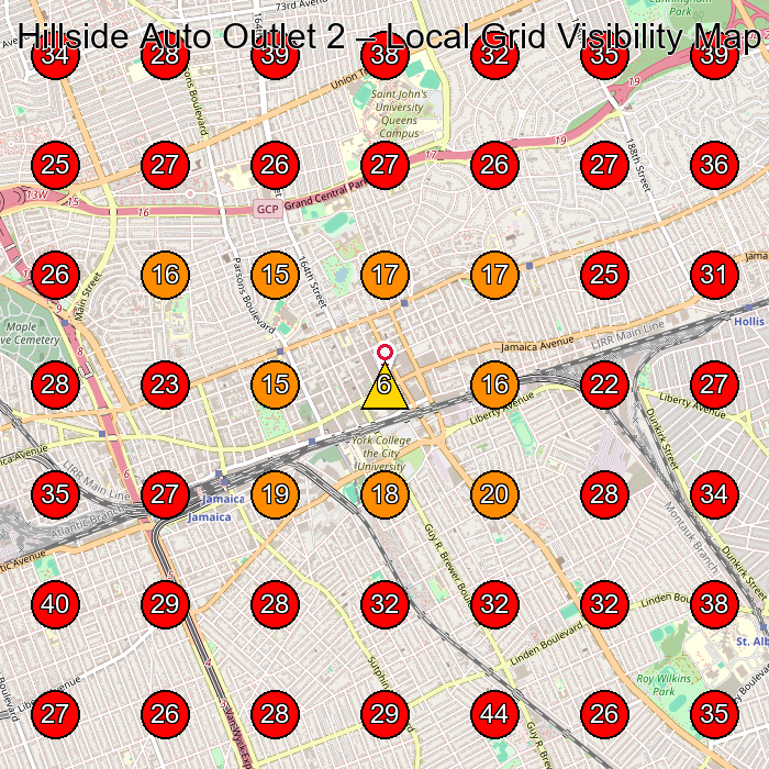 Hillside Auto Outlet 2 GeoGrid visibility map for Used Car Dealer in Queens
