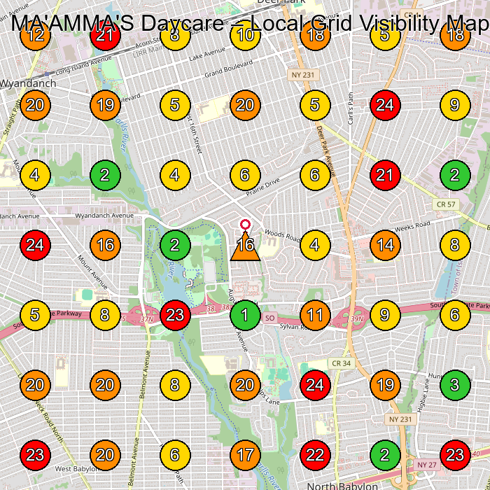 MA'AMMA'S Daycare Day Care Center GeoGrid ranking map for North Babylon NY