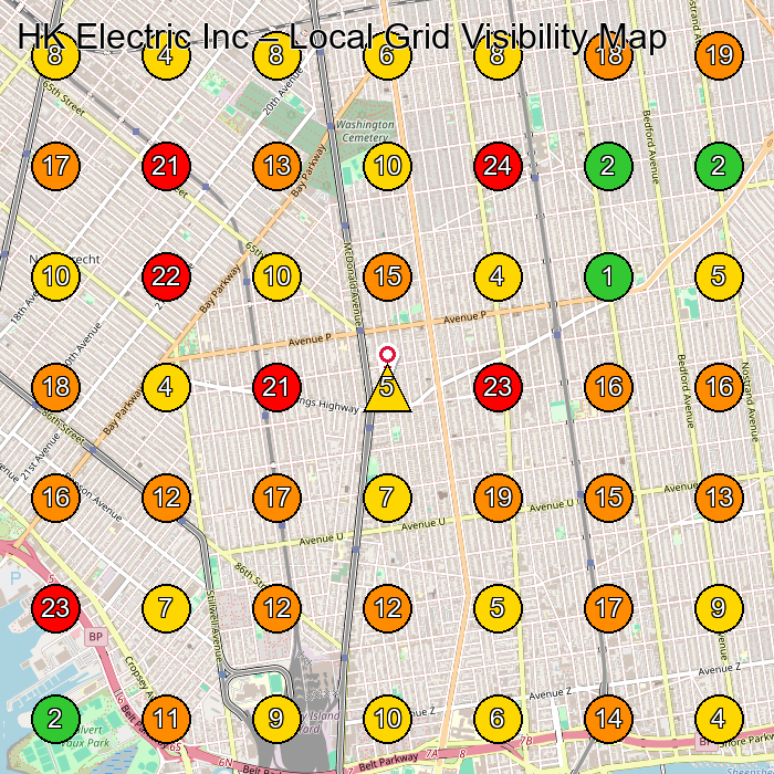 HK Electric Inc Electrician GeoGrid ranking map for Brooklyn NY