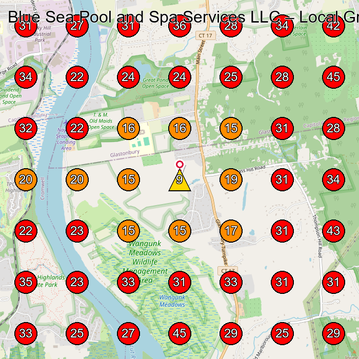 Blue Sea Pool and Spa Services LLC GeoGrid visibility map for Consignment Shop in Newington