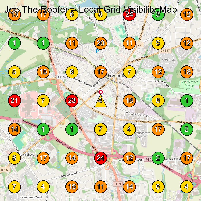 Joe The Roofer Roofing Contractor GeoGrid ranking map for Freehold NJ