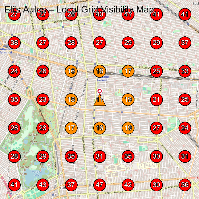 Eli's Autos GeoGrid visibility map for Used Car Dealer in Brooklyn