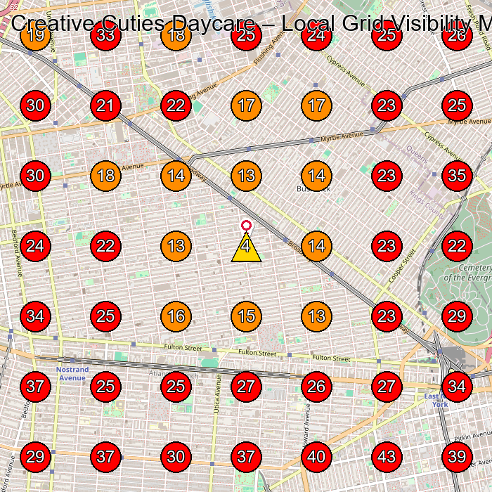 Creative Cuties Daycare GeoGrid visibility map for Learning Center in Brooklyn