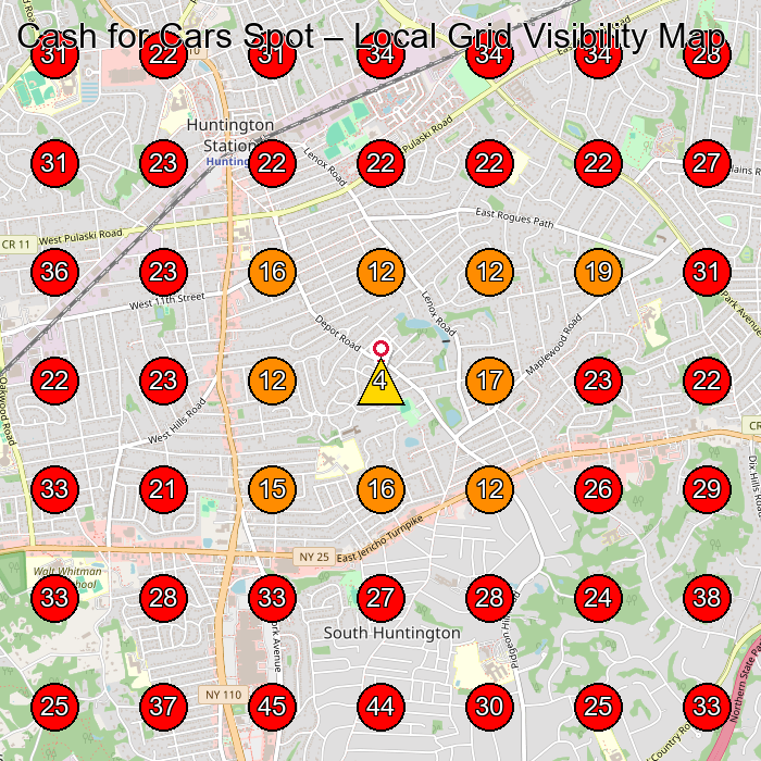 Cash for Cars Spot GeoGrid visibility map for Used Car Dealer in Huntington Station