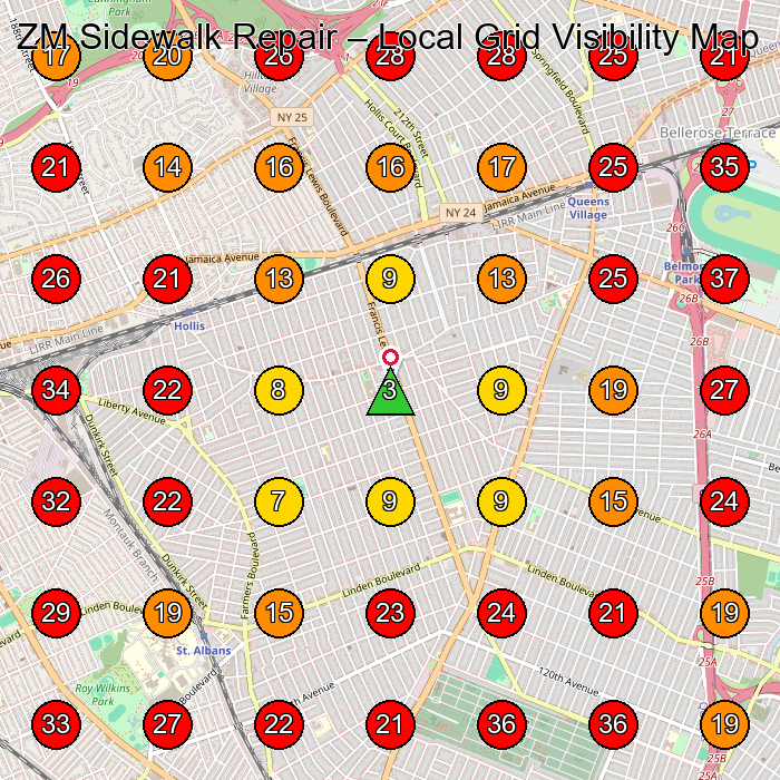 ZM Sidewalk Repair GeoGrid visibility map for Concrete Contractor in Jamaica