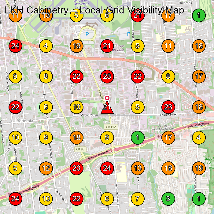 LKH Cabinetry Cabinet Maker GeoGrid ranking map for Bohemia NY