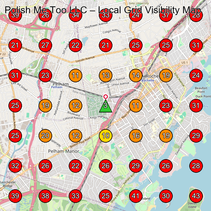 Polish Me Too LLC GeoGrid visibility map for Wellness Program in New Rochelle